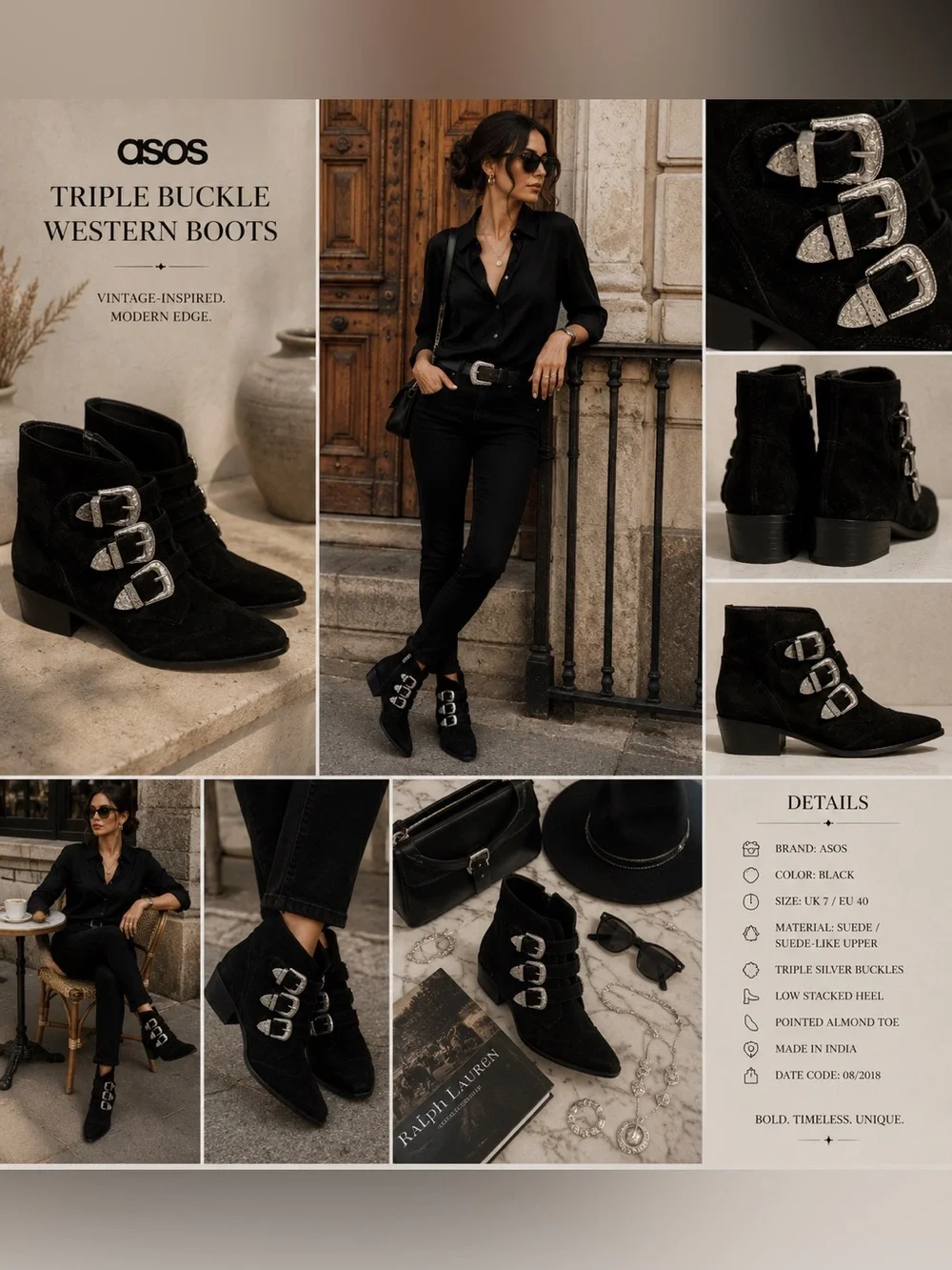 ASOS Black Suede Triple Buckle Western Ankle Boots EU 40